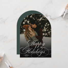 Modern Script & Arch 1 Photo Green Christmas Card Kaart