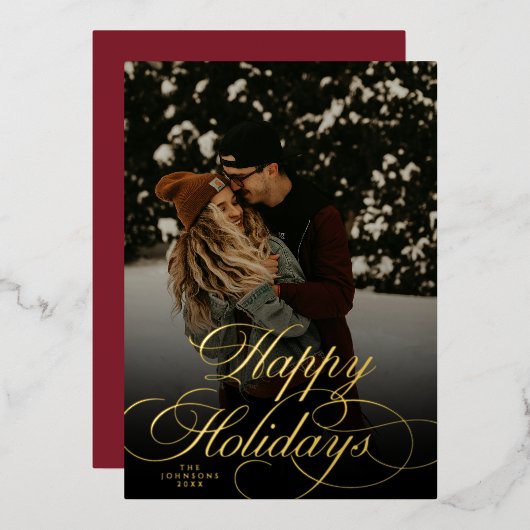 Modern Script & Arch 1 Photo Red Christmas Card Folie Feestdagenkaart (Voorkant / Achterkant)