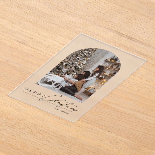 Modern Script Arch Family Photo Christmas Card Acryl Uitnodigingen (Laagn)