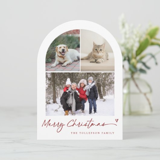 Modern Script Arch Family Photo Christmas Feestdagenkaart (Staand voorkant)