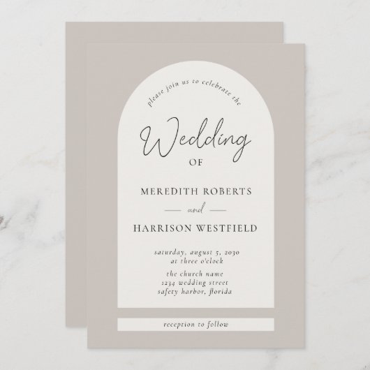 Modern Script Arch Lijst Taupe Ecru Bruiloft Kaart (Voorkant / Achterkant)