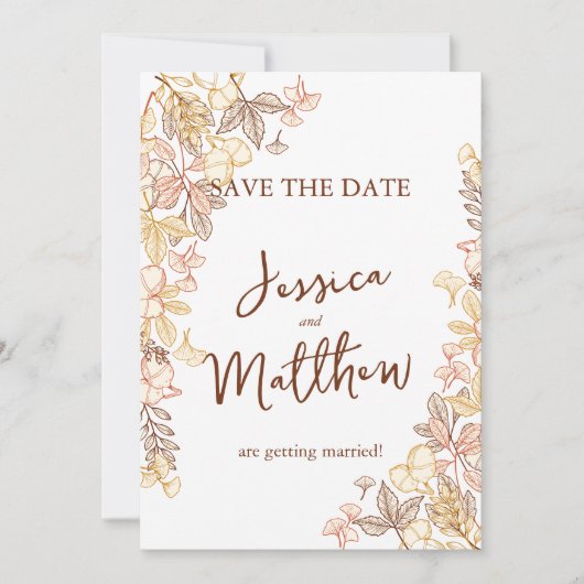 Modern Script Autumn Foliage Bewaar de datumfoto Feestdagenkaart (Voorkant)