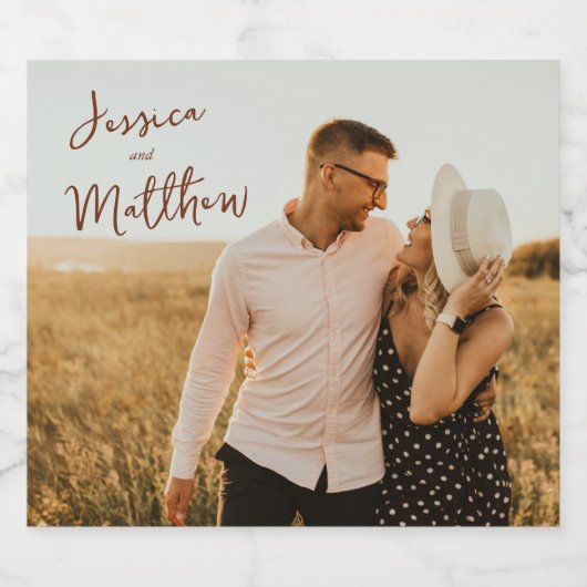 Modern Script Autumn Foliage Bewaar de datumfoto Sparkling Wijnetiket (Enkel label)