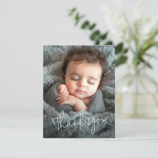 Modern script baby aankondiging foto dank u (Staand voorkant)
