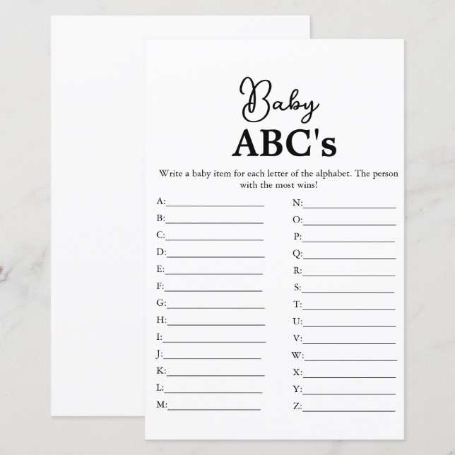 Modern script Baby Abc's baby shower spel (Voorkant / Achterkant)