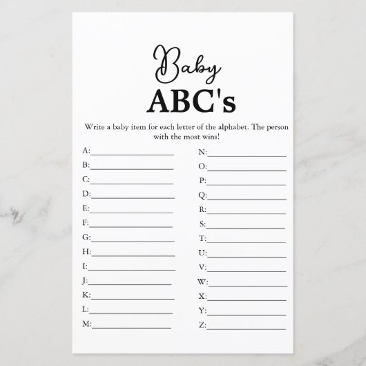 Modern script Baby Abc's baby shower spel (Voorkant)