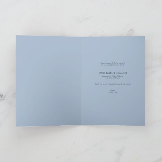 Modern Script Baby Boy Foto Blauw Aankondiging (Binnen)