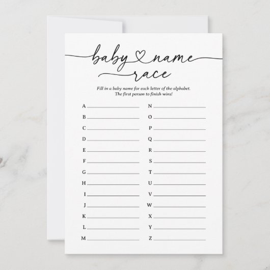 Modern Script Baby Naam Race Baby shower Game Kaart (Voorkant)