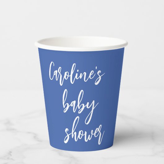 Modern Script Baby shower Aangepast Frans Blauw Papieren Bekers (Voorkant)