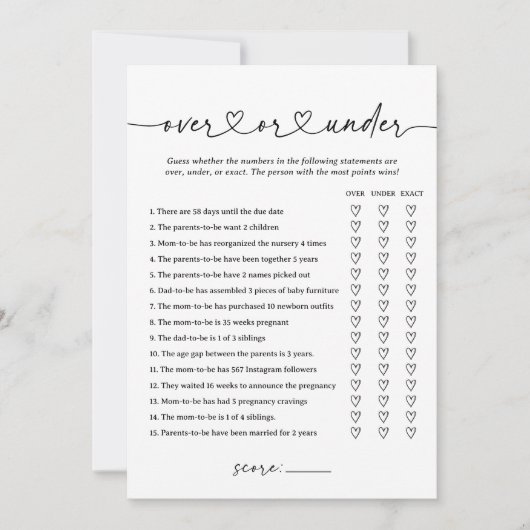 Modern Script Baby shower Over of Onder Game Kaart (Voorkant)