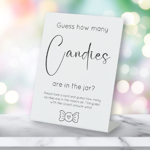 Modern Script Baby shower Raad eens hoeveel Snoepj Reclamebord Met Voetstuk