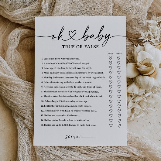 Modern Script Baby shower True of False Game Kaart