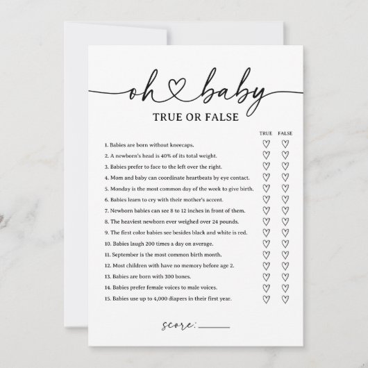 Modern Script Baby shower True of False Game Kaart (Voorkant)