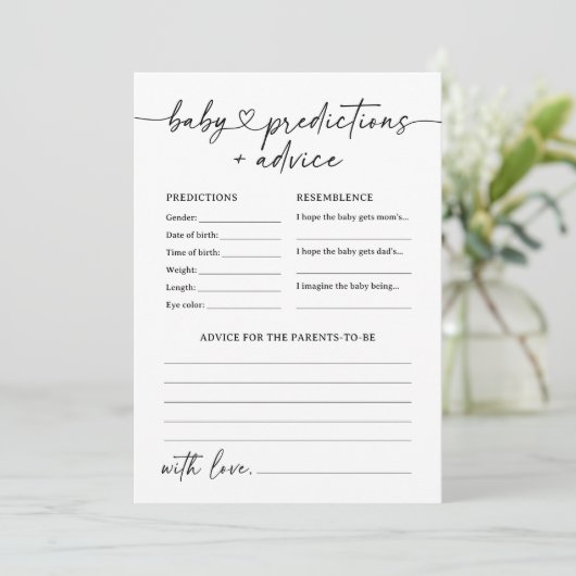 Modern Script Baby shower Voorspellingen en Advies Kaart (Staand voorkant)