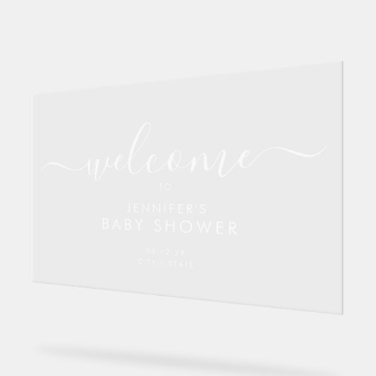 Modern Script Baby shower Welkom Wit Acryl Bord (Hoek)