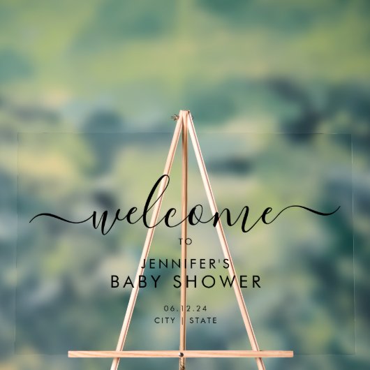 Modern Script Baby shower Welkom Zwart Acryl Bord (Neutraal)