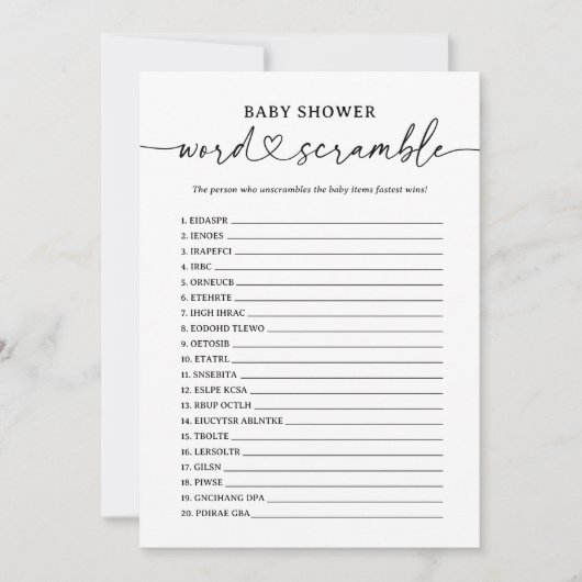 Modern Script Baby shower Word Scramble Game Kaart (Voorkant)