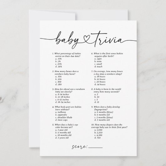 Modern Script Baby Trivia Baby shower Game Kaart (Voorkant)