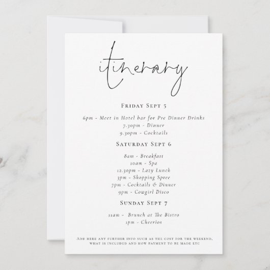 Modern Script Bachelorette Weekend Itinerary Kaart (Achterkant)