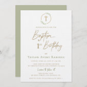 Modern Script Baptism and 1st Birthday Green Gold  Kaart (Voorkant / Achterkant)