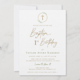 Modern Script Baptism and 1st Birthday Green Gold  Kaart