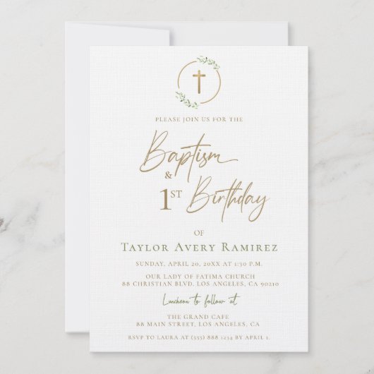 Modern Script Baptism and 1st Birthday Green Gold  Kaart (Voorkant)