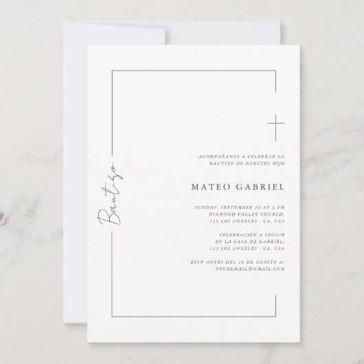 Modern Script Bautizo uitnodiging in het Spaans (Voorkant)