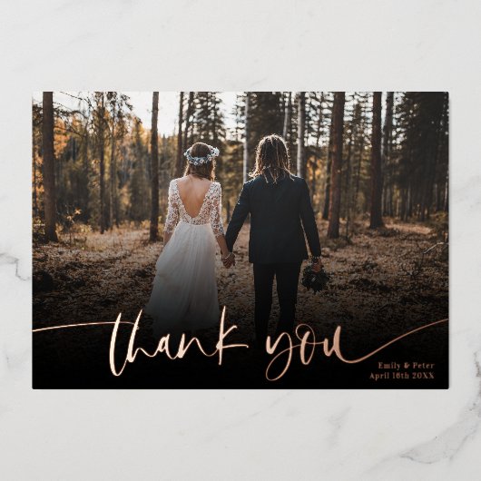 Modern script bedankt je 2 foto's bruiloft folie uitnodiging (Voorkant)