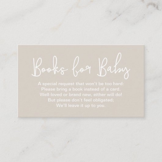 Modern Script Beige Baby shower Book Request Informatiekaartje (Voorkant)