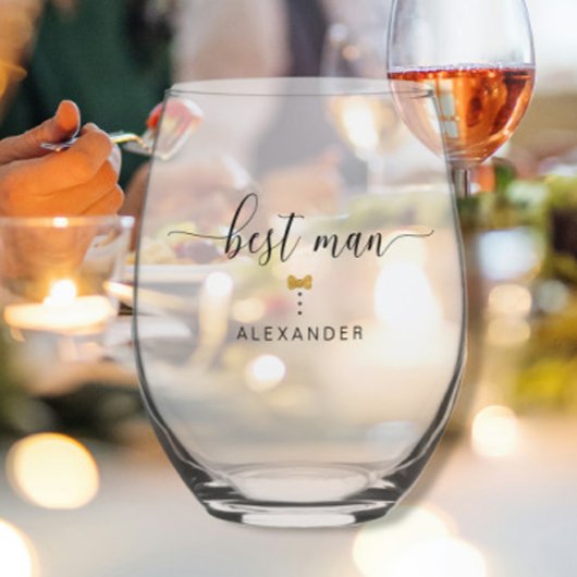 Modern Script Best Man Gold Bow Stropdas Naam Brui Wijnglas Zonder Voet