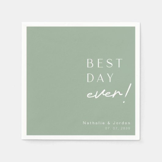 Modern Script Beste Dag Ooit Sage Groene Bruiloft Servet (Voorkant)