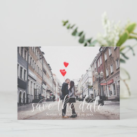 Modern script bewaart de datum-foto-bruiloft save the date (Staand voorkant)