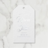 Modern script bewaart onze datum dubbel hart zilve cadeaulabels (Voorkant)