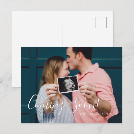 Modern script binnenkort in de zwangerschap aankondigingskaart (Voorkant / Achterkant)