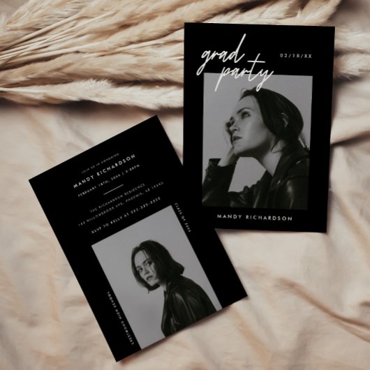 Modern Script Black 2-Photo Graduation Party Kaart