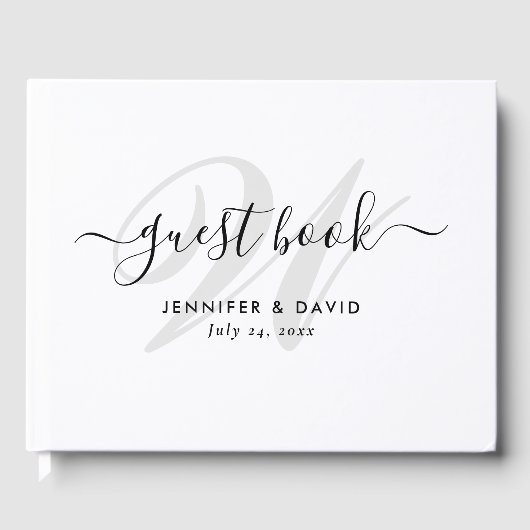 Modern Script Black and White Monogram Weddenschap Gastenboek (Voorkant)