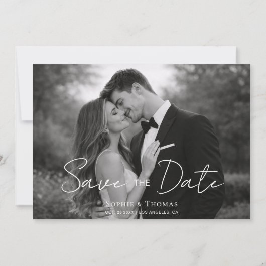 Modern Script  Black and White Photo Save the Date (Voorkant)