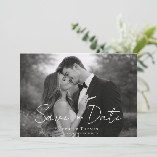 Modern Script  Black and White Photo Save the Date (Staand voorkant)