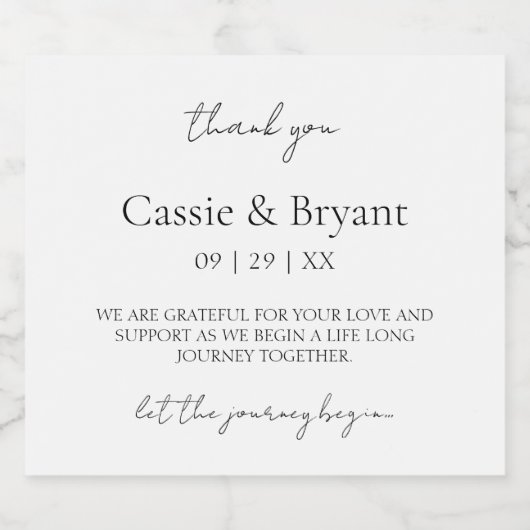 Modern Script Black and White Wedding Bedankt Sparkling Wijnetiket (Enkel label)