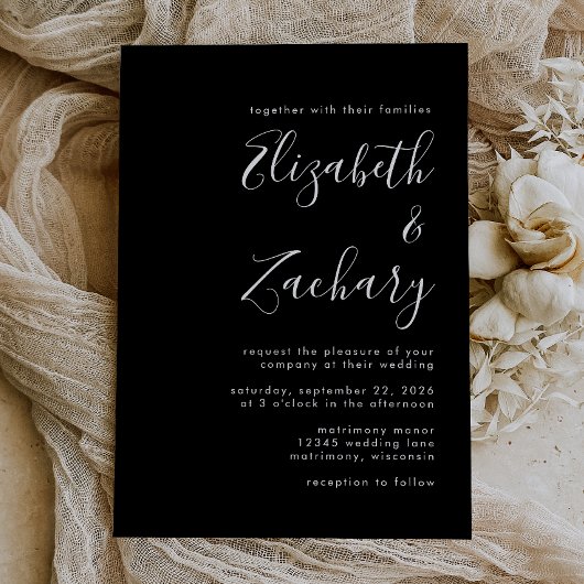 Modern Script Black and White Wedding Kaart