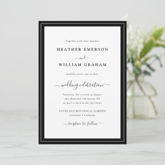 Modern Script Black and White Wedding Kaart (Staand voorkant)