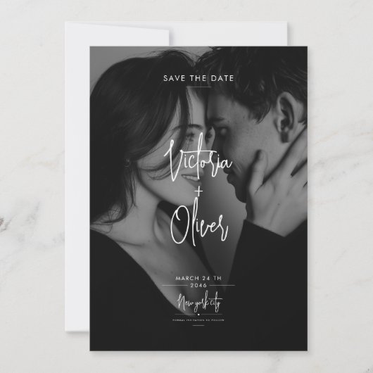 Modern Script Black Editorial Photo Save the Date (Voorkant)
