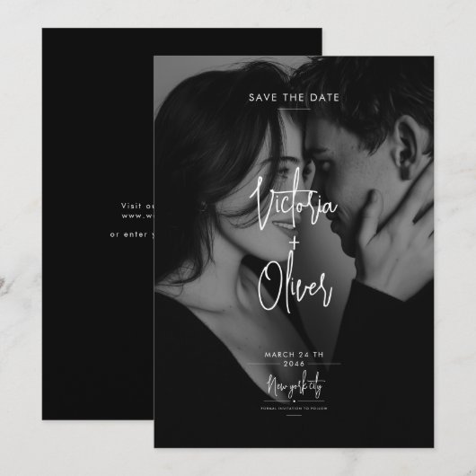 Modern Script Black Editorial Photo Save the Date (Voorkant / Achterkant)