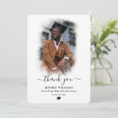 Modern Script Black en White Photo Afstuderen Bedankkaart (Staand voorkant)