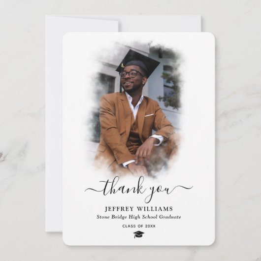 Modern Script Black en White Photo Afstuderen Bedankkaart (Voorkant)