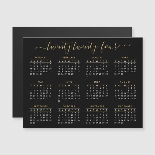 Modern Script Black Gold 2024 Calendar Magnet (Voorkant / Achterkant)
