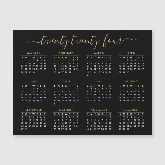 Modern Script Black Gold 2024 Calendar Magnet (Voorkant)