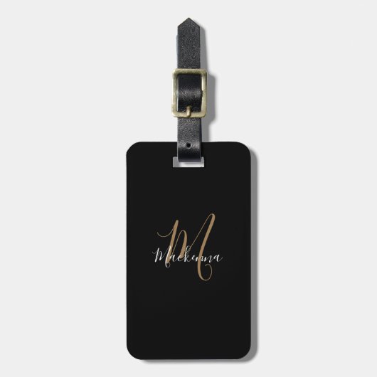 Modern Script Black Gold Monogram Naam Stijlvol Bagagelabel (Voorkant verticaal)