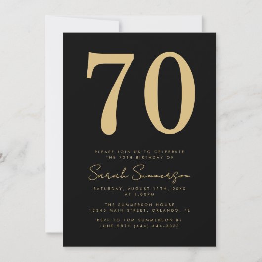 Modern Script Black Gold Zeventig 70ste Verjaardag Kaart (Voorkant)