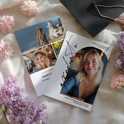  Modern Script black graduate photo graduation Kaart